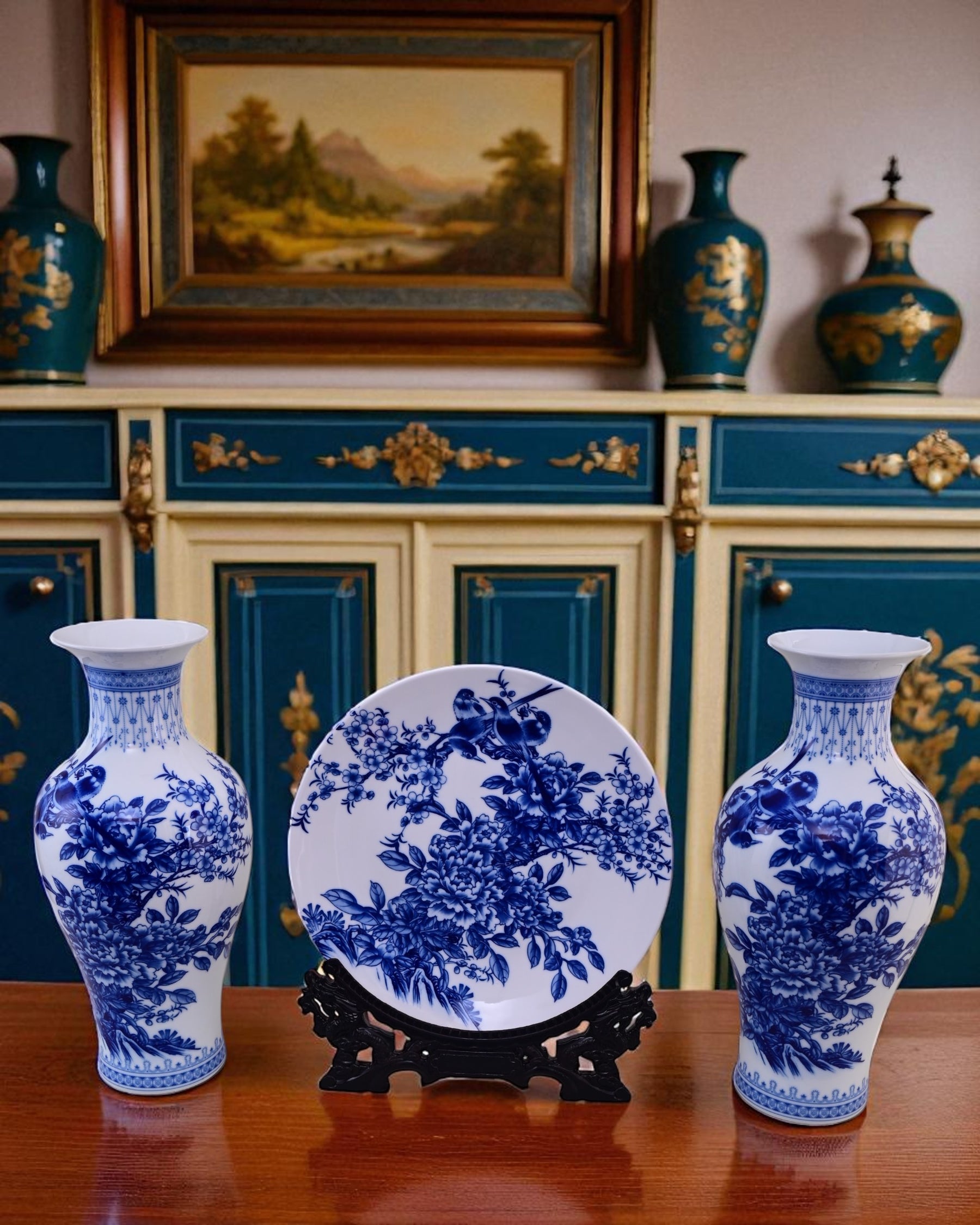 Floral Harmony Ceramic Vase & Decorative Plate - Set Of 3