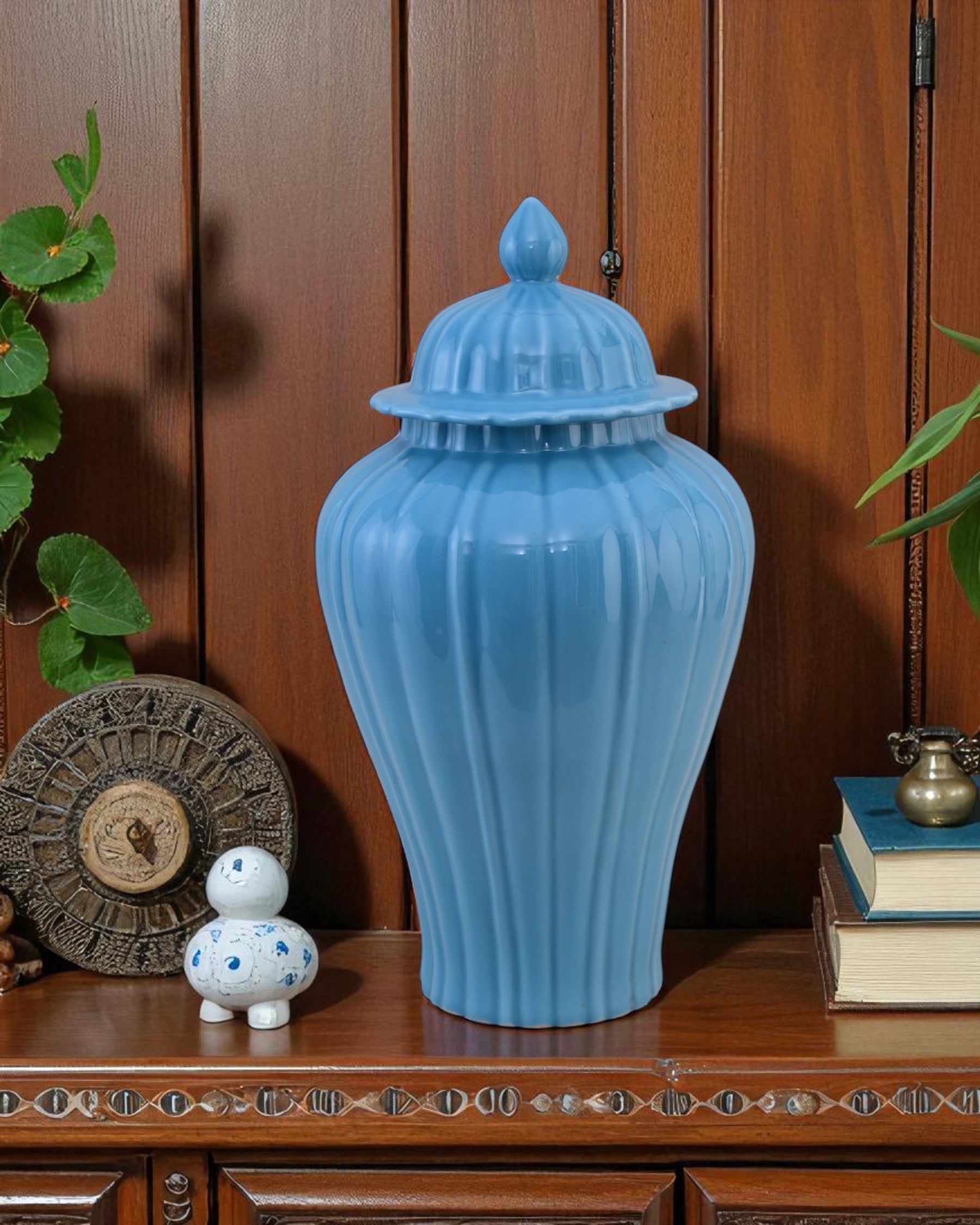 Celestial Blue Celadon Ribbed Temple Jar