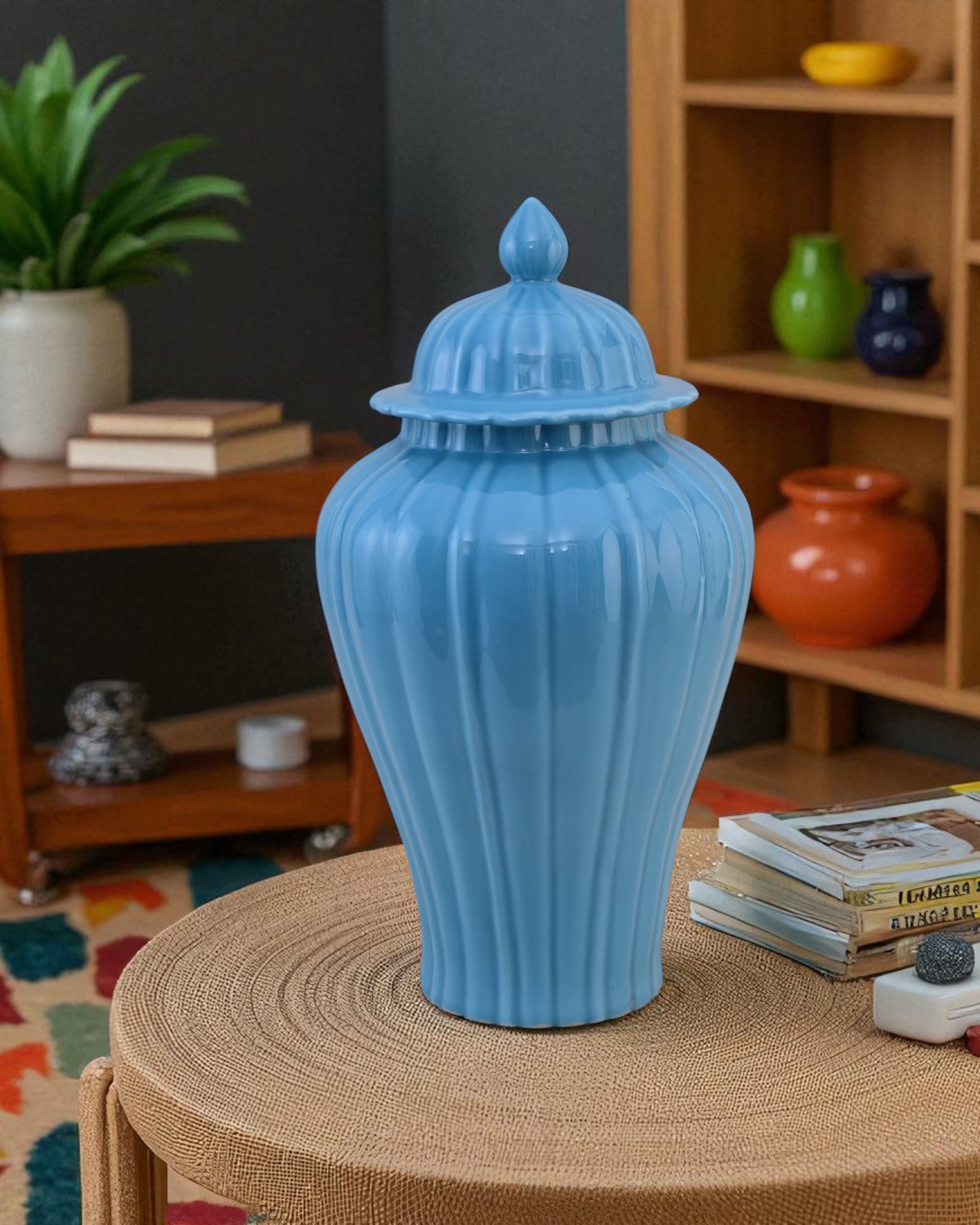 Celestial Blue Celadon Ribbed Temple Jar