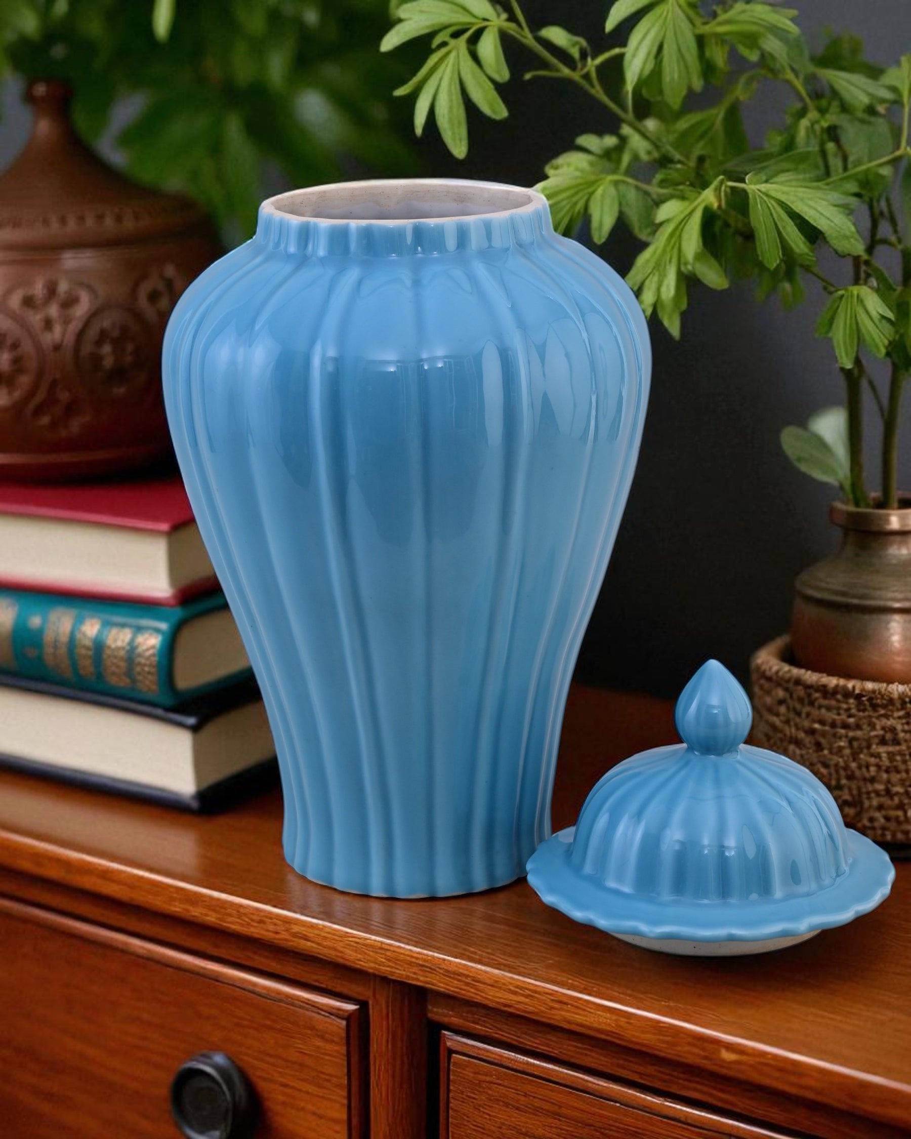 Celestial Blue Celadon Ribbed Temple Jar