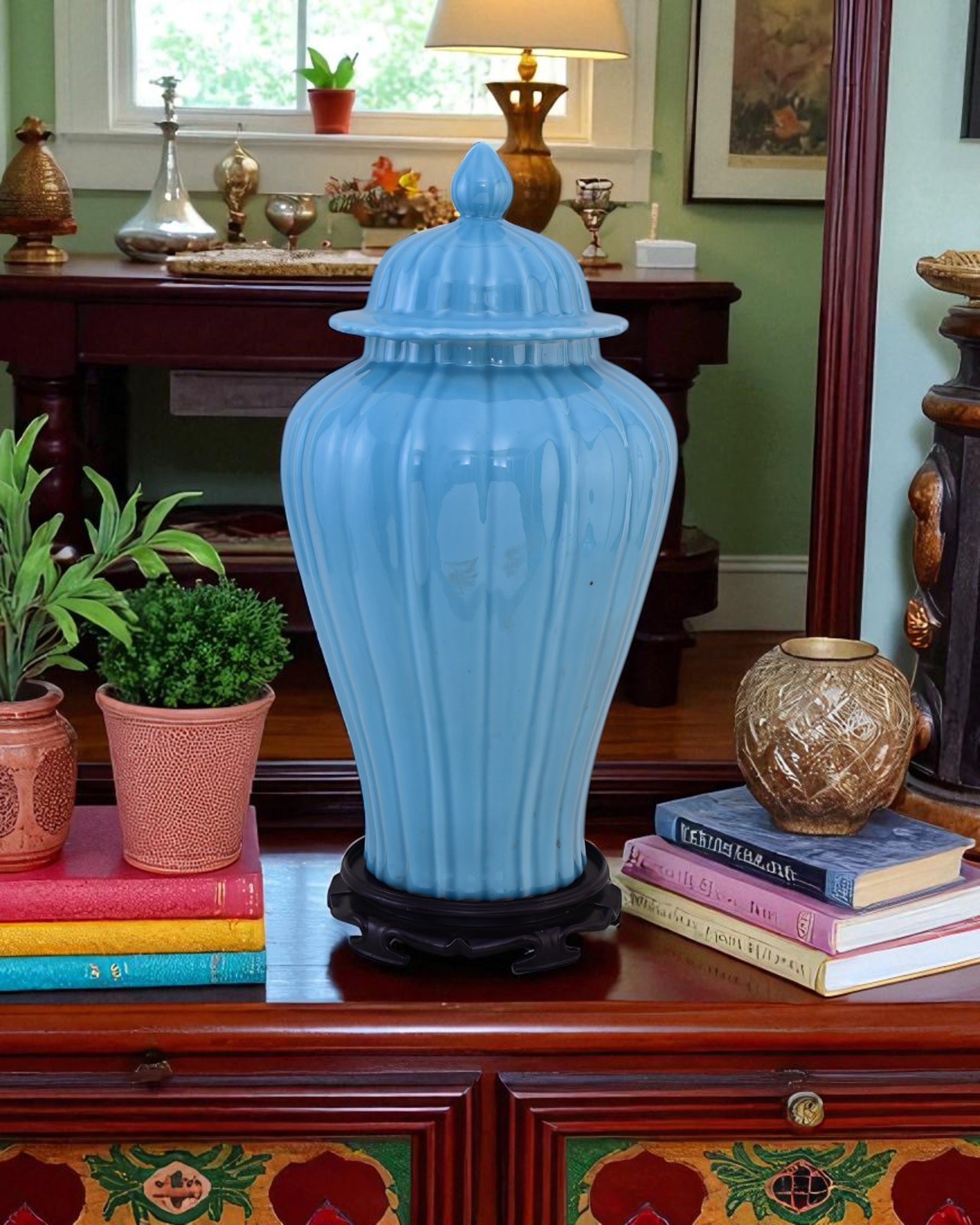 Celestial Blue Celadon Ribbed Temple Jar