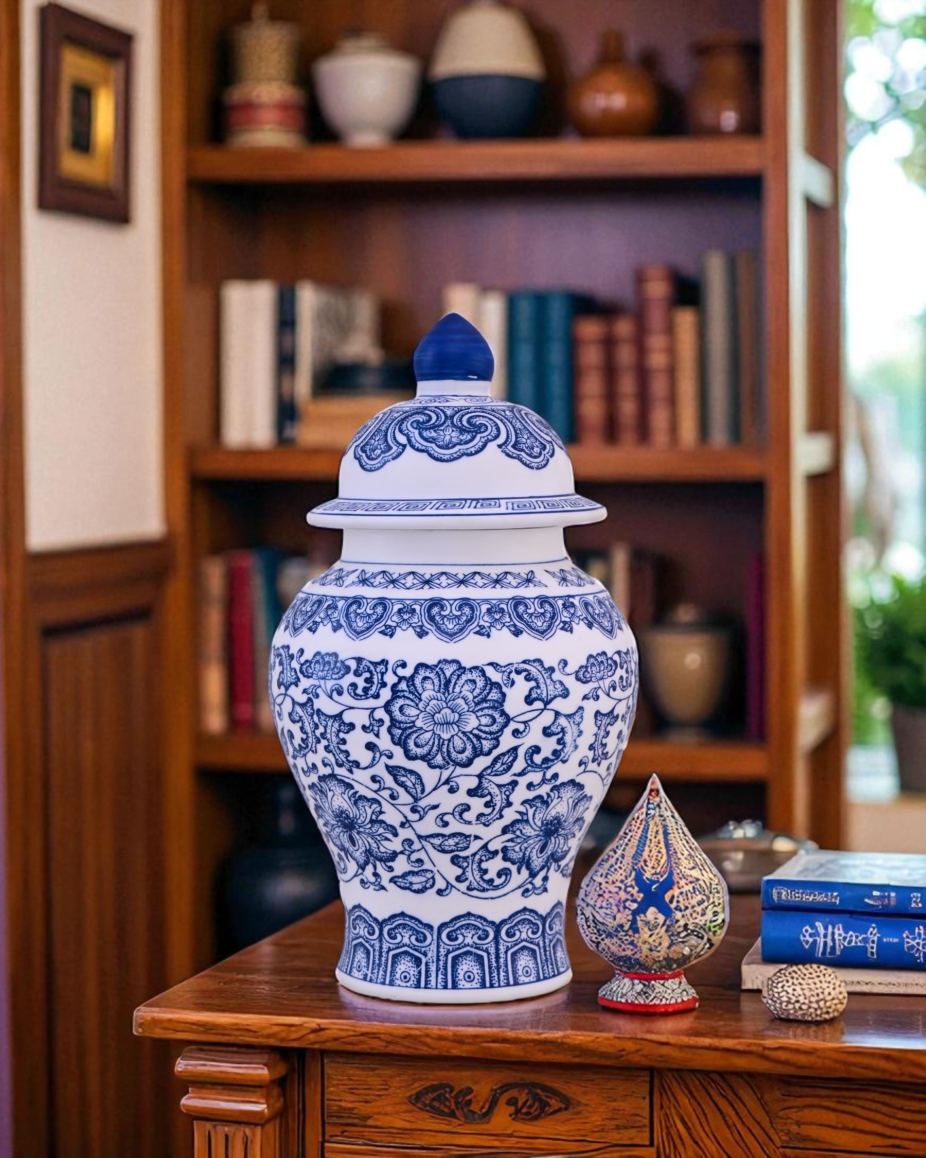 Blue and White Oriental Temple Jar