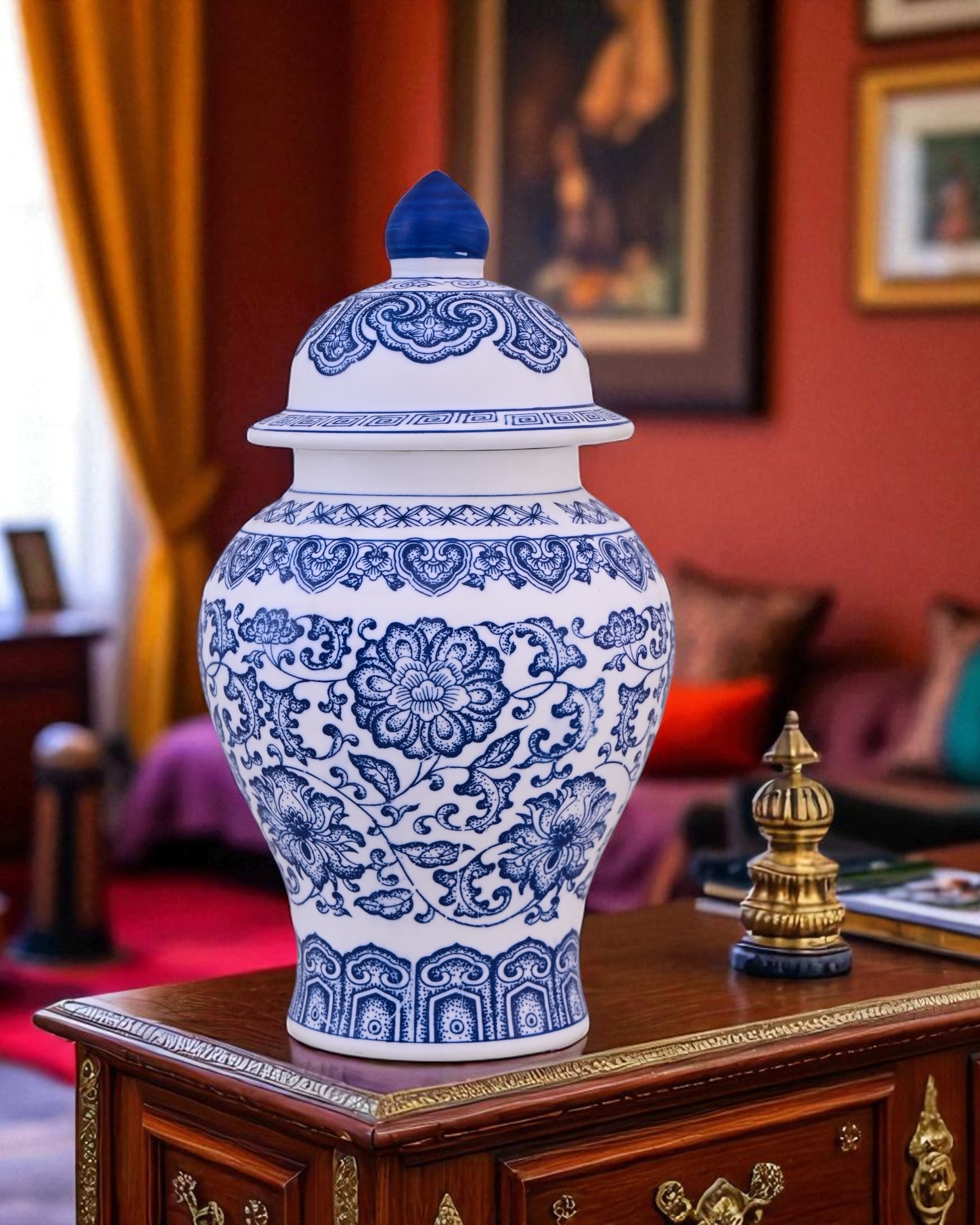 Blue and White Oriental Temple Jar