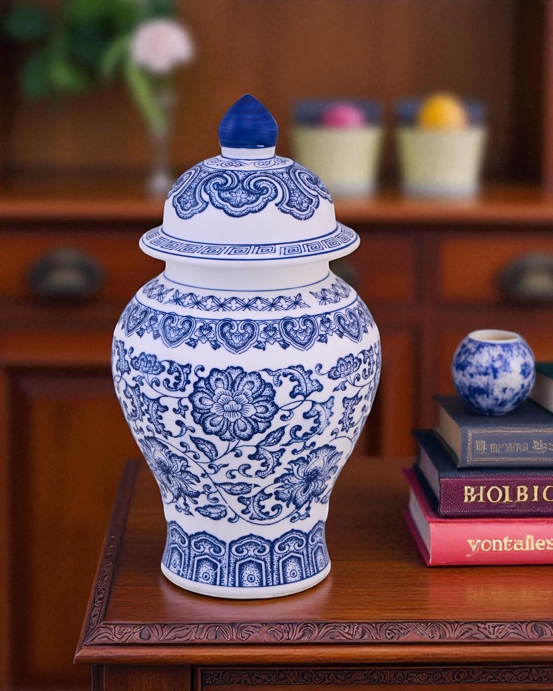 Blue and White Oriental Temple Jar