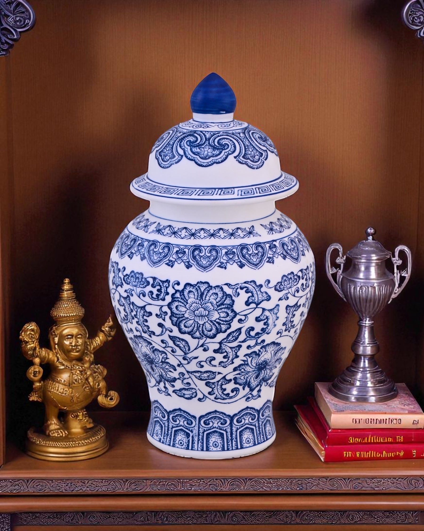 Blue and White Oriental Temple Jar