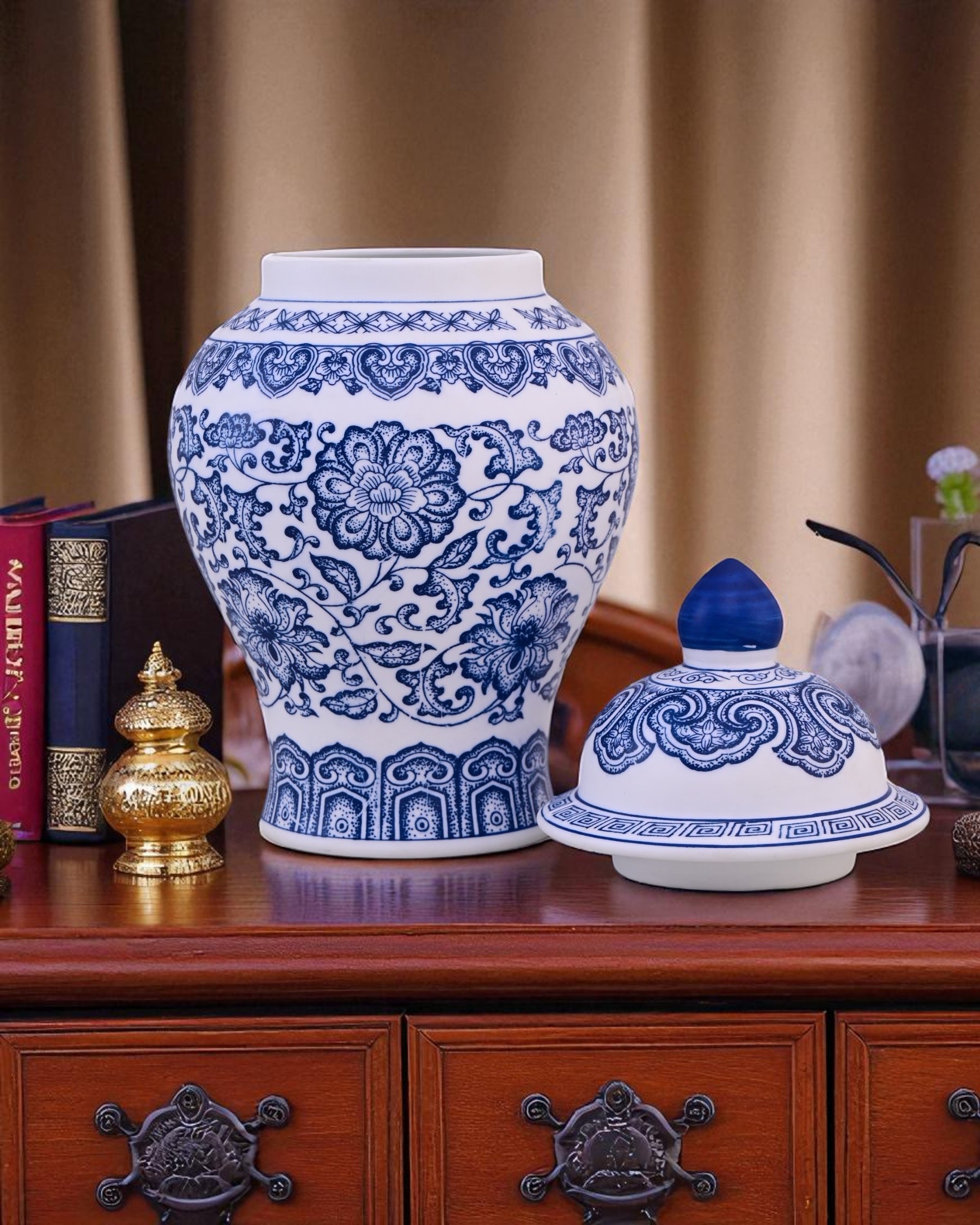Blue and White Oriental Temple Jar