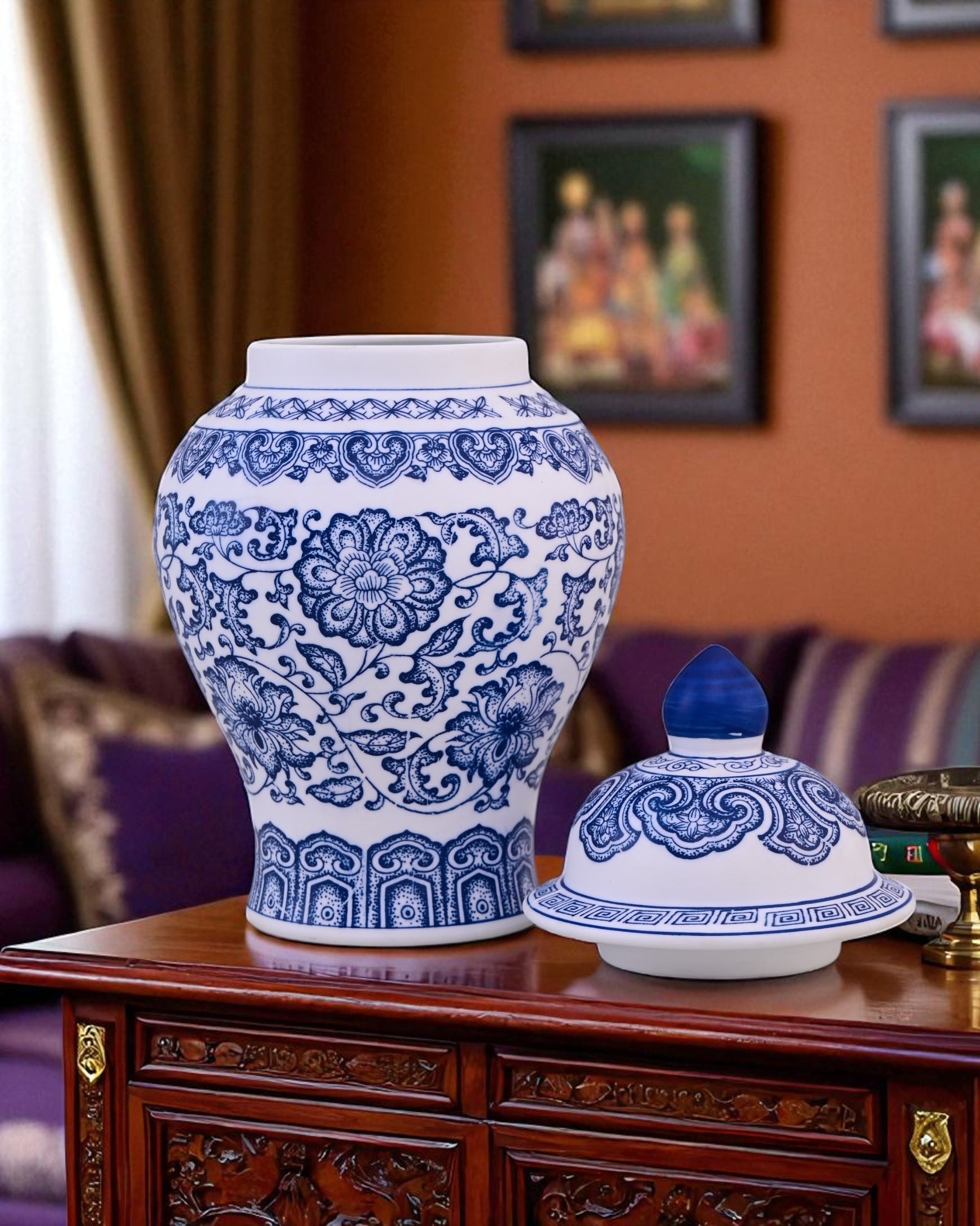 Blue and White Oriental Temple Jar