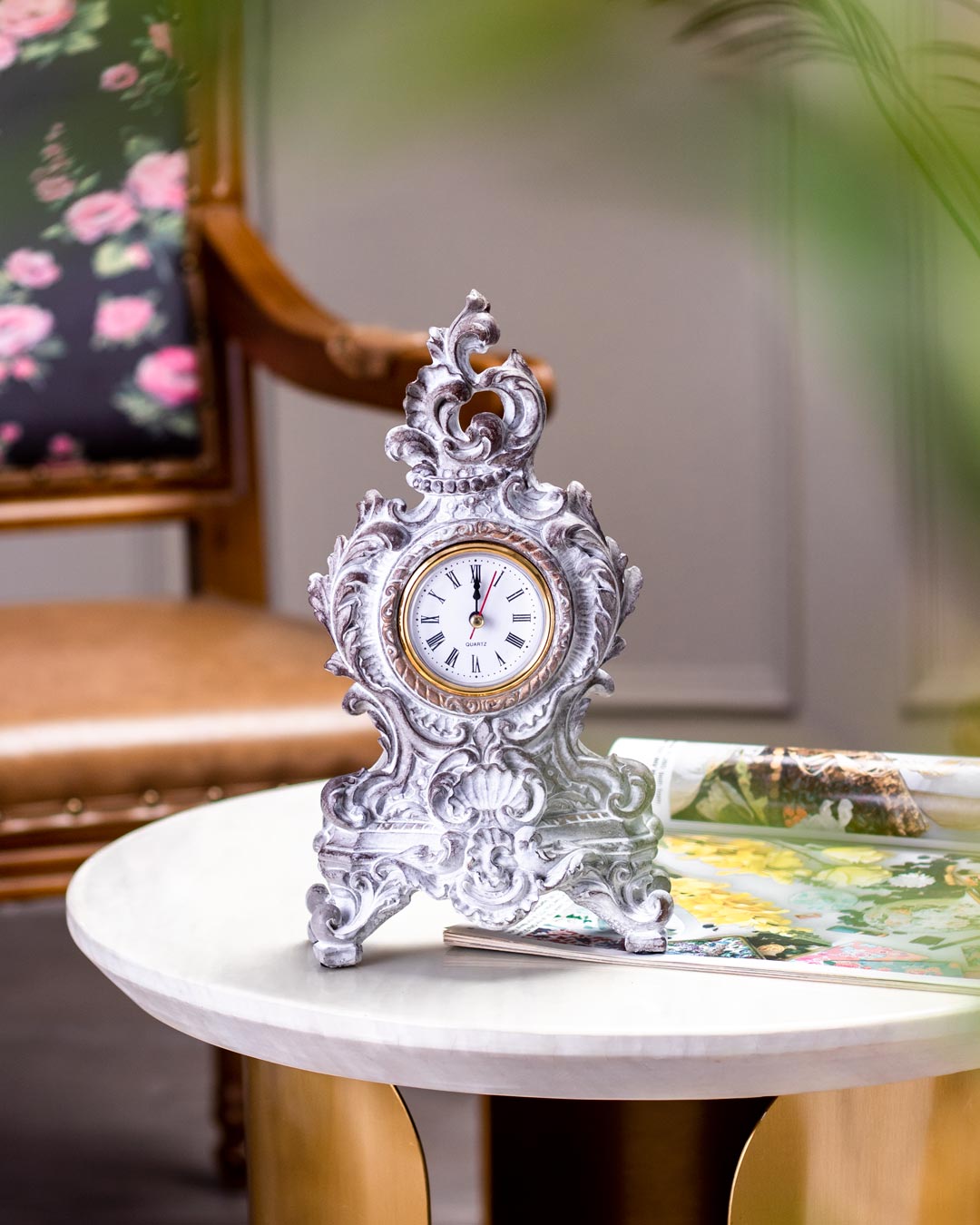 Rustic Grey Victorian Table Top Clock - The Decor Kart