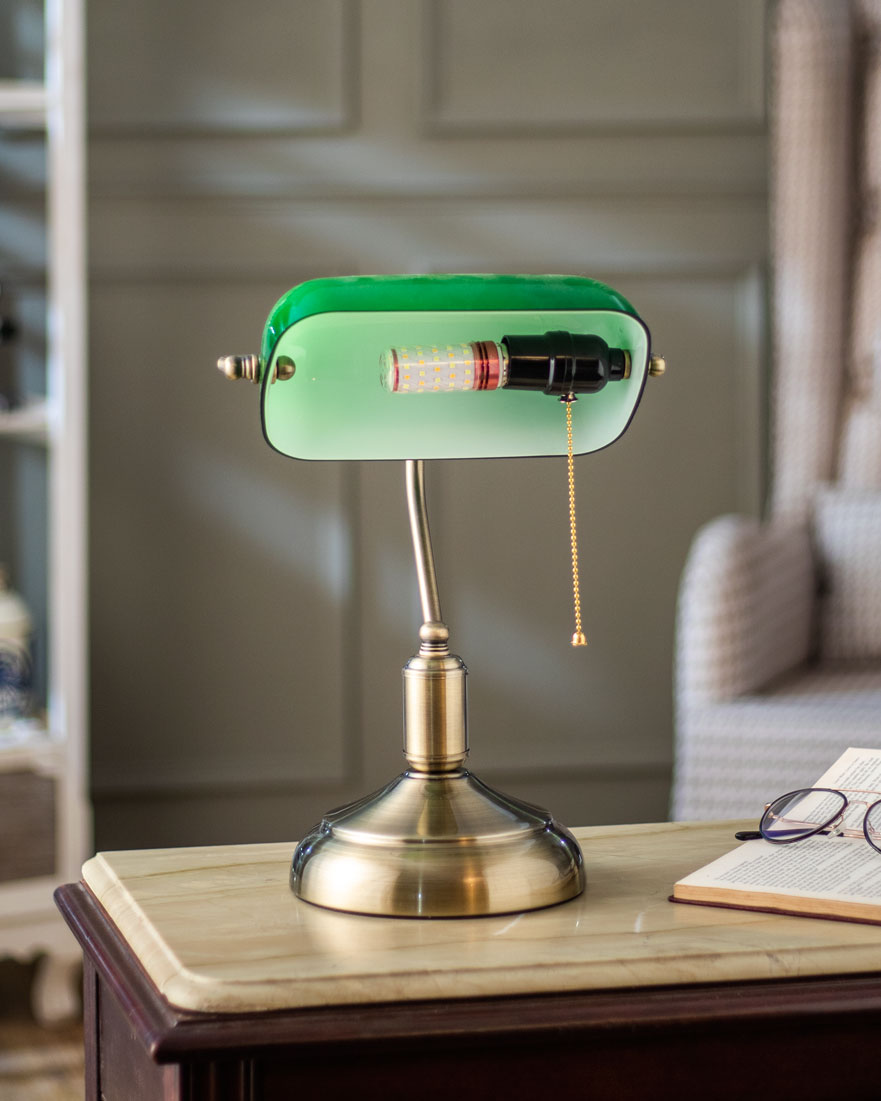 Banker's Lamp with brass base and bottle green shade with bulb