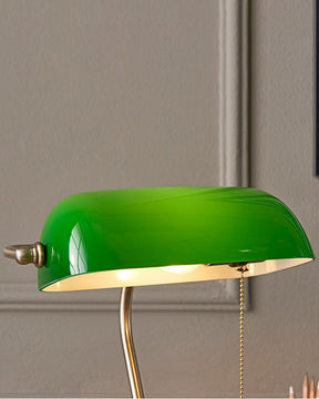 Traditional Banker's Lamp with green shade and gold finish, perfect for study rooms.