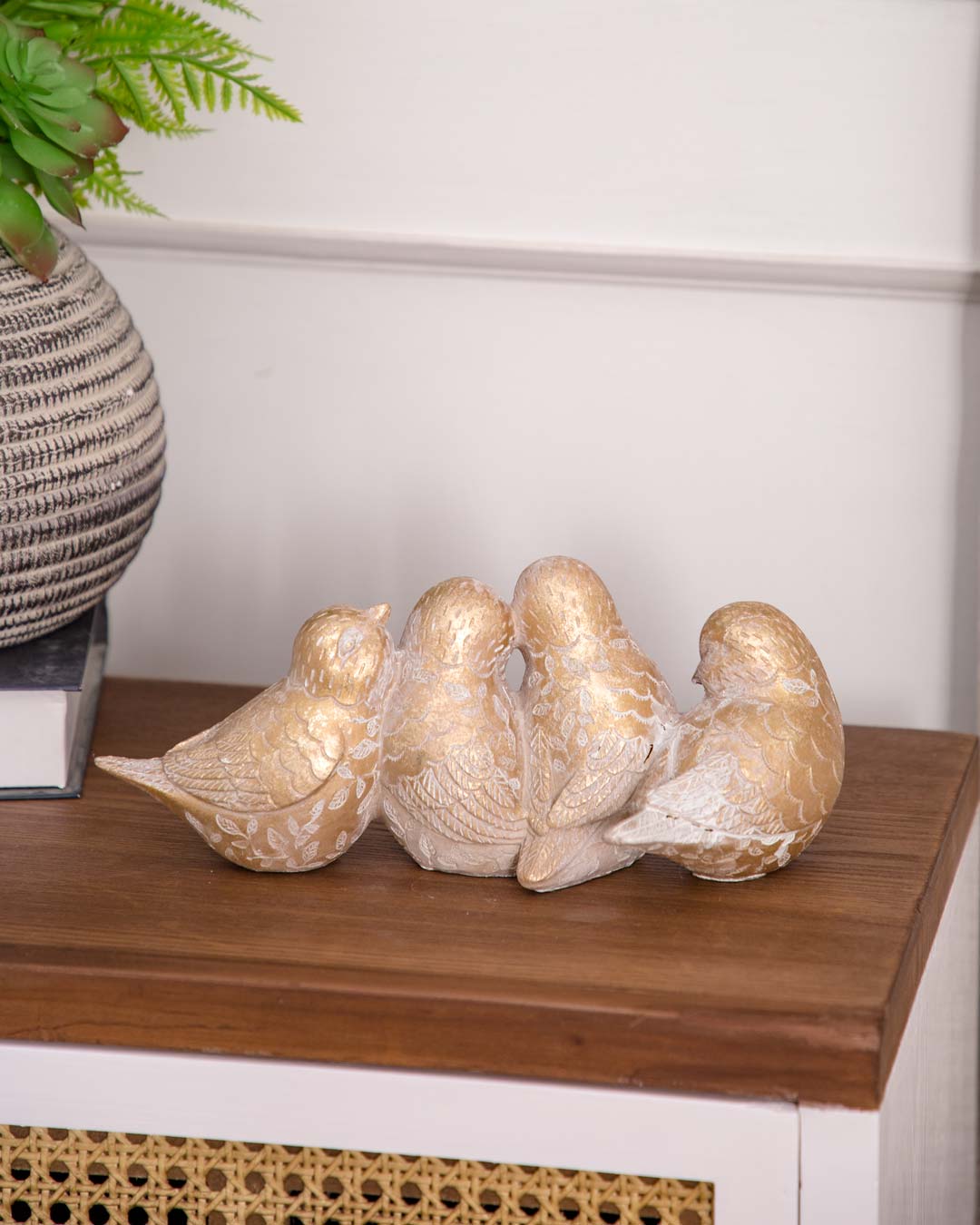 Golden Inseparable: Four Birds in Harmony Figurine Set