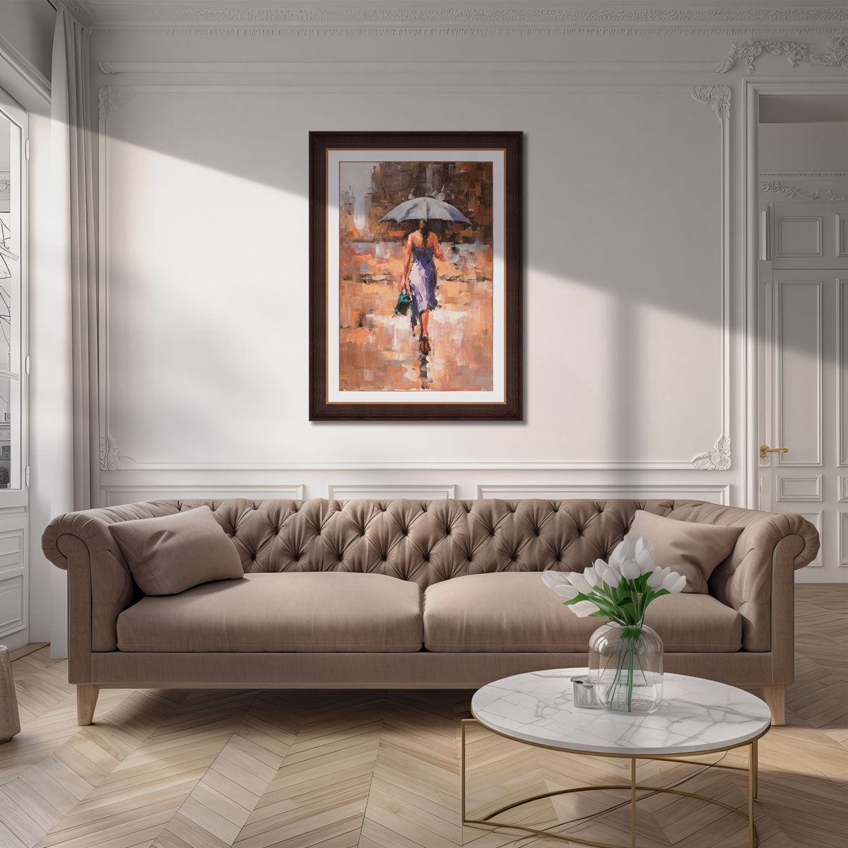 "Woman Walking In The Rain" Handmade Oil Painting 24"x 36" - The Decor Kart