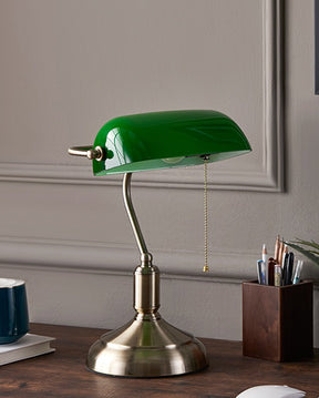 Green Banker's Lamp with brass finish, providing a classic look for professional settings.