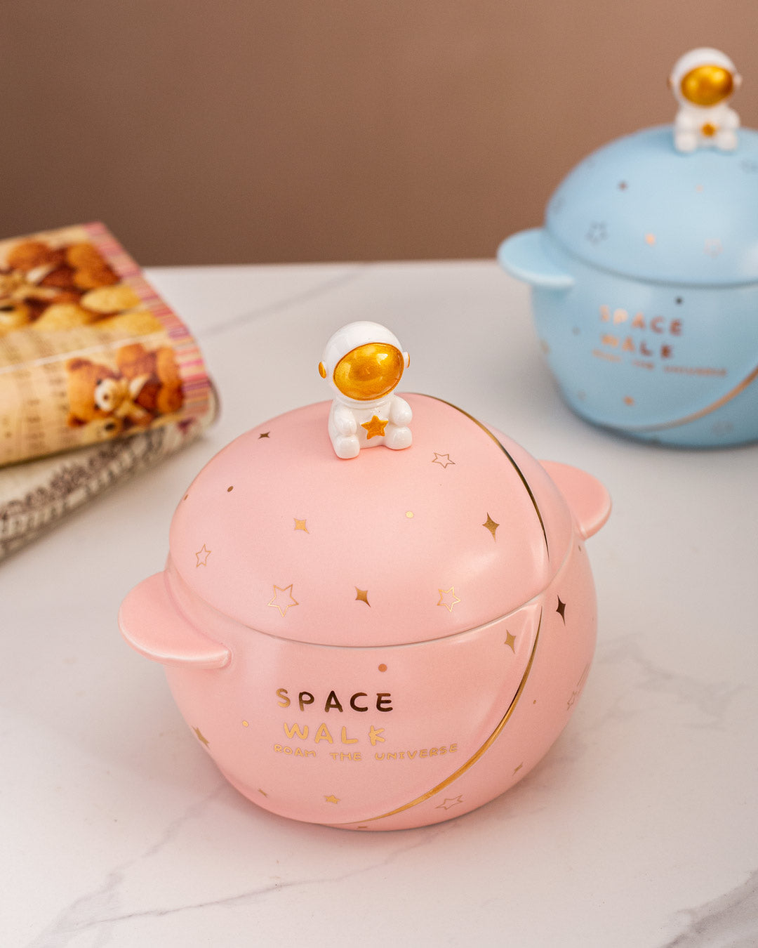 'Space Walk' Serving Bowl with Lid - Pink - The Decor Kart