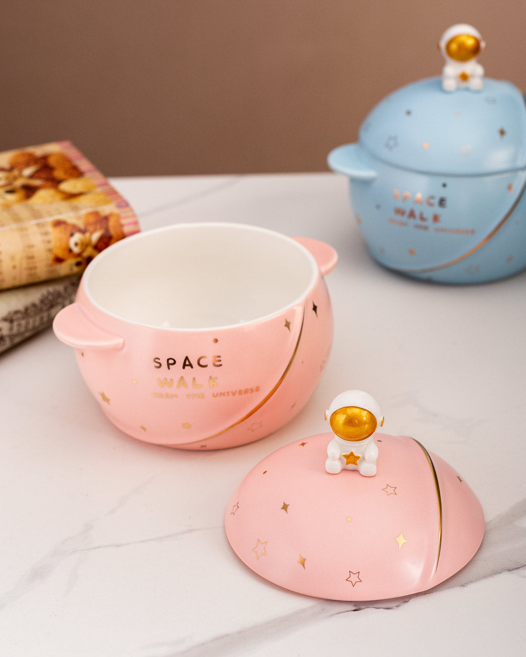 'Space Walk' Serving Bowl with Lid - Pink - The Decor Kart