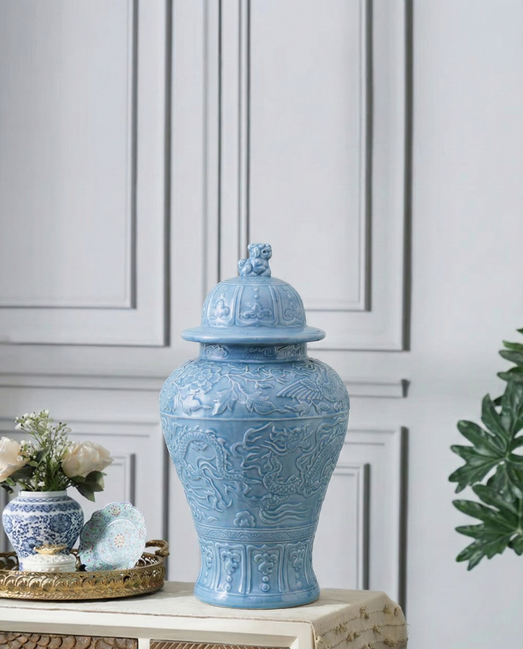 Celestial Blue Celadon Temple Jar - 55 cm 