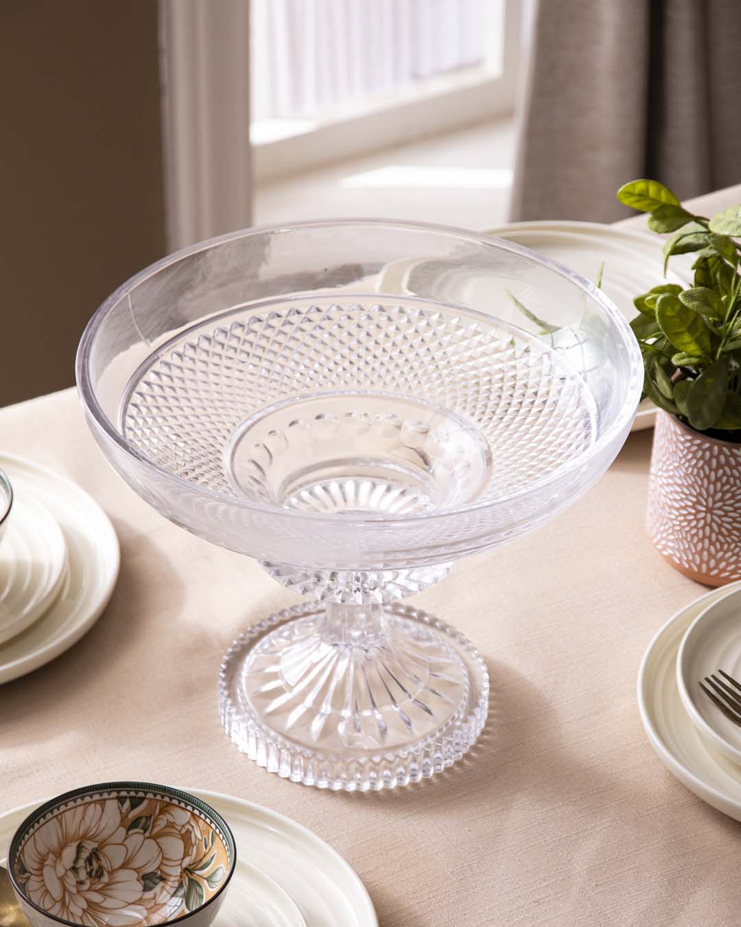 Diamond Cut Crystal Footed Bowl - Large 