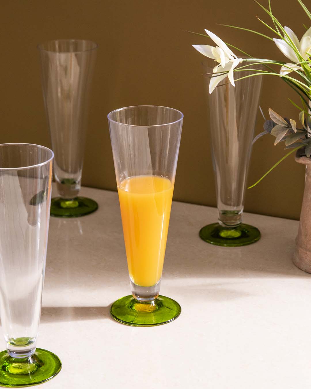 Green Base Flute Champagne Glass - Set Of 6 