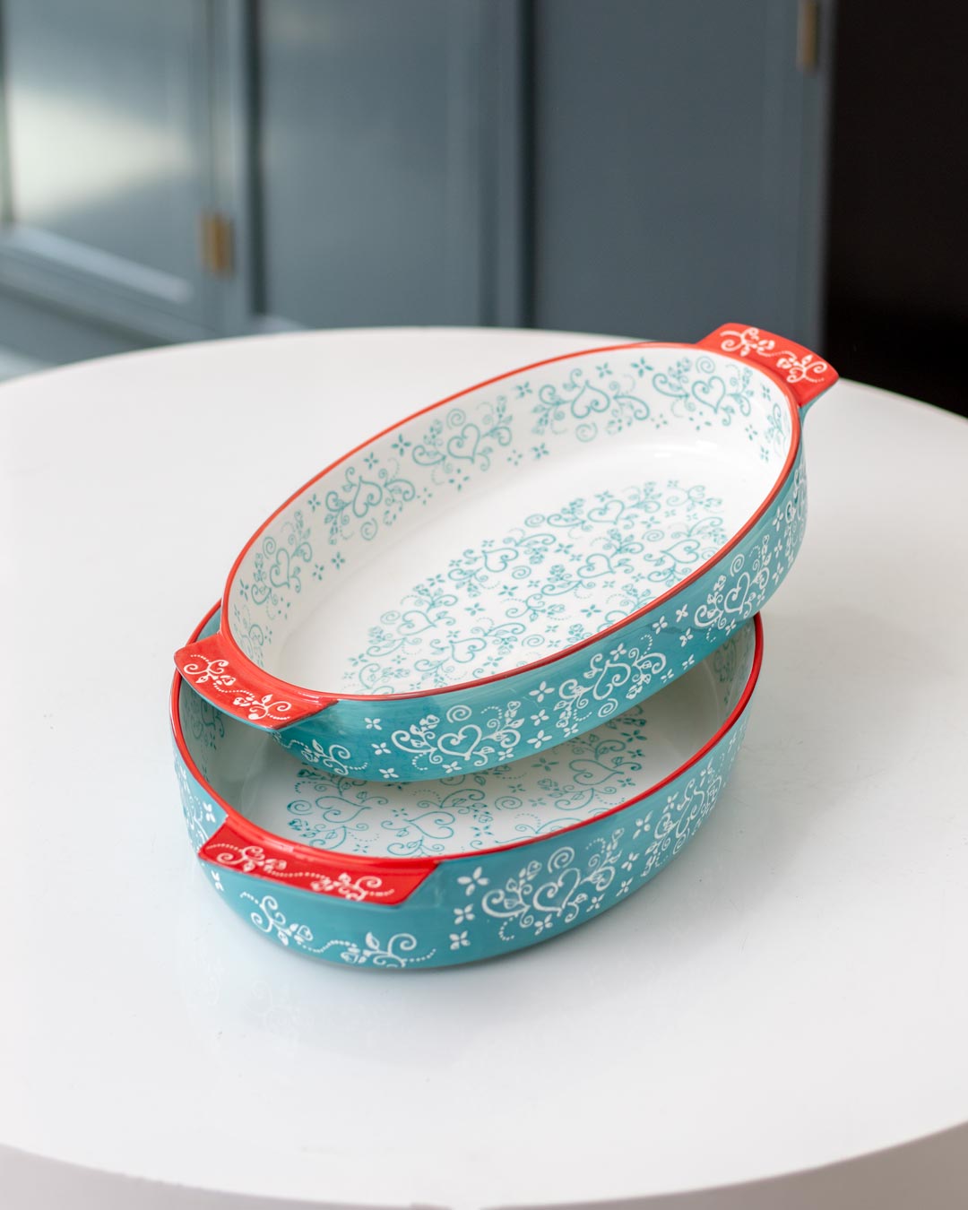 Floral Lace Oval Blue Baking Dish - Large - The Decor Kart 