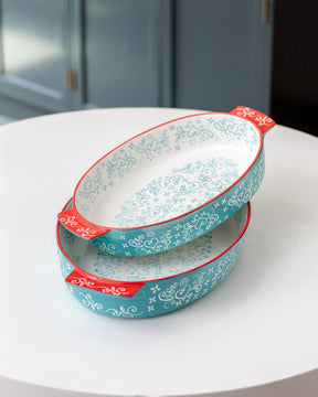 Floral Lace Oval Blue Baking Dish - Large - The Decor Kart 