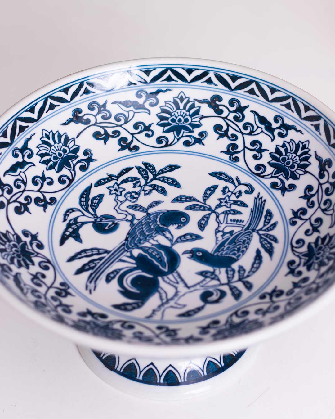 Peony Chinoiserie Traditional Blue & White Footed Bowl - Large - The Decor Kart
