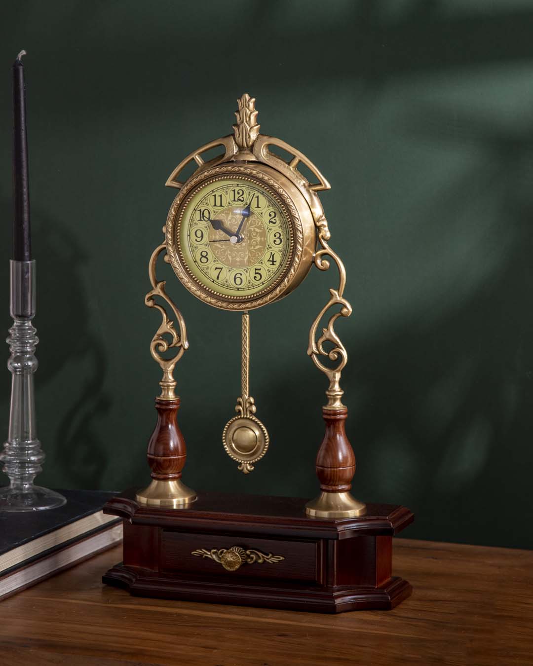 Vintage Ornate Table Clock with Wooden Base and Pendulum - Brass 