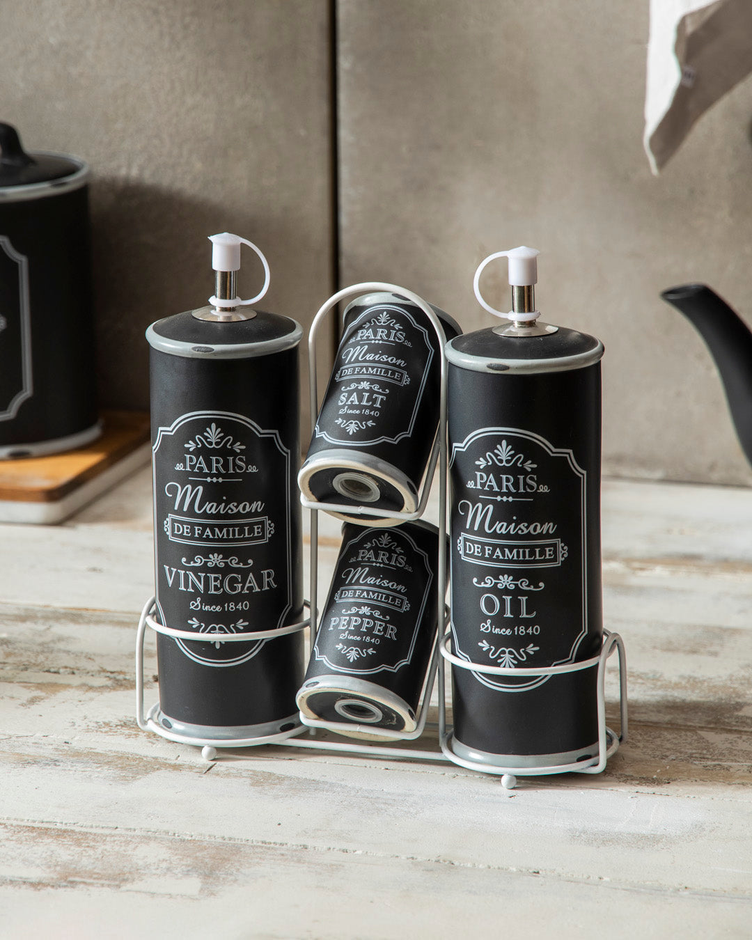 'Paris Maison De Famille' Cruet Set with Caddy - Black 