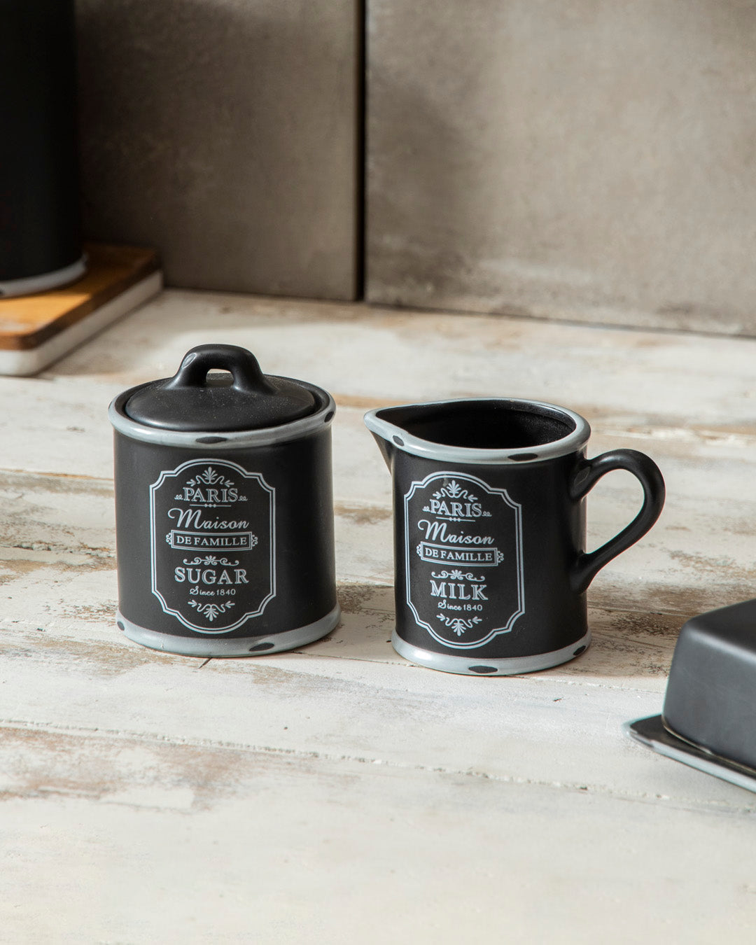 'Paris Maison De Famille' Sugar Canister + Milk Pot 