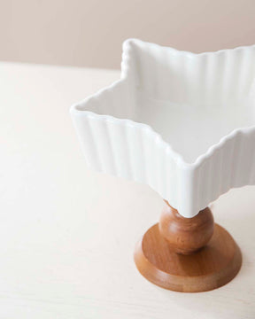 All White Star Ice Cream Bowl with Wooden Base - Small - The Decor Kart 