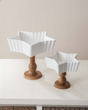 All White Star Ice Cream Bowl with Wooden Base - Large - The Decor Kart 