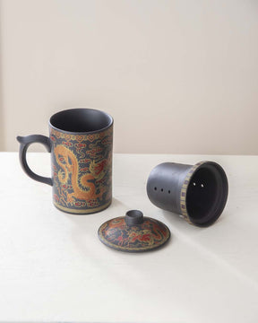 'Dragon' Stoneware Lidded Mug - Dark Brown - The Decor Kart 