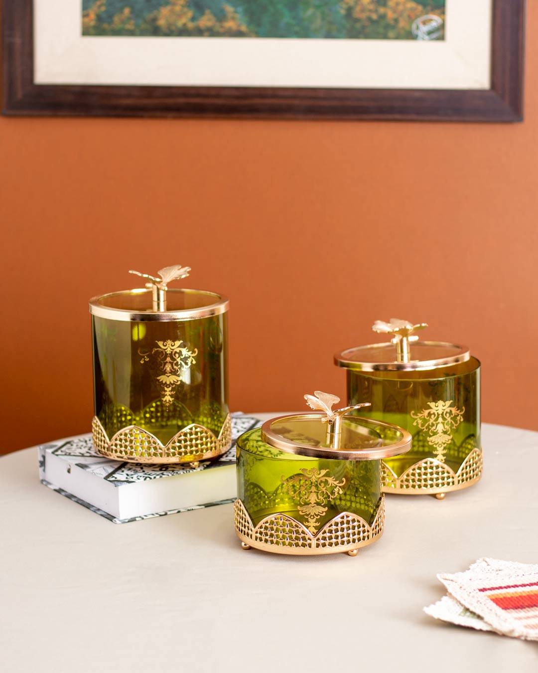 Olive Green Ginkgo Jar With Lid - Large - The Decor Kart
