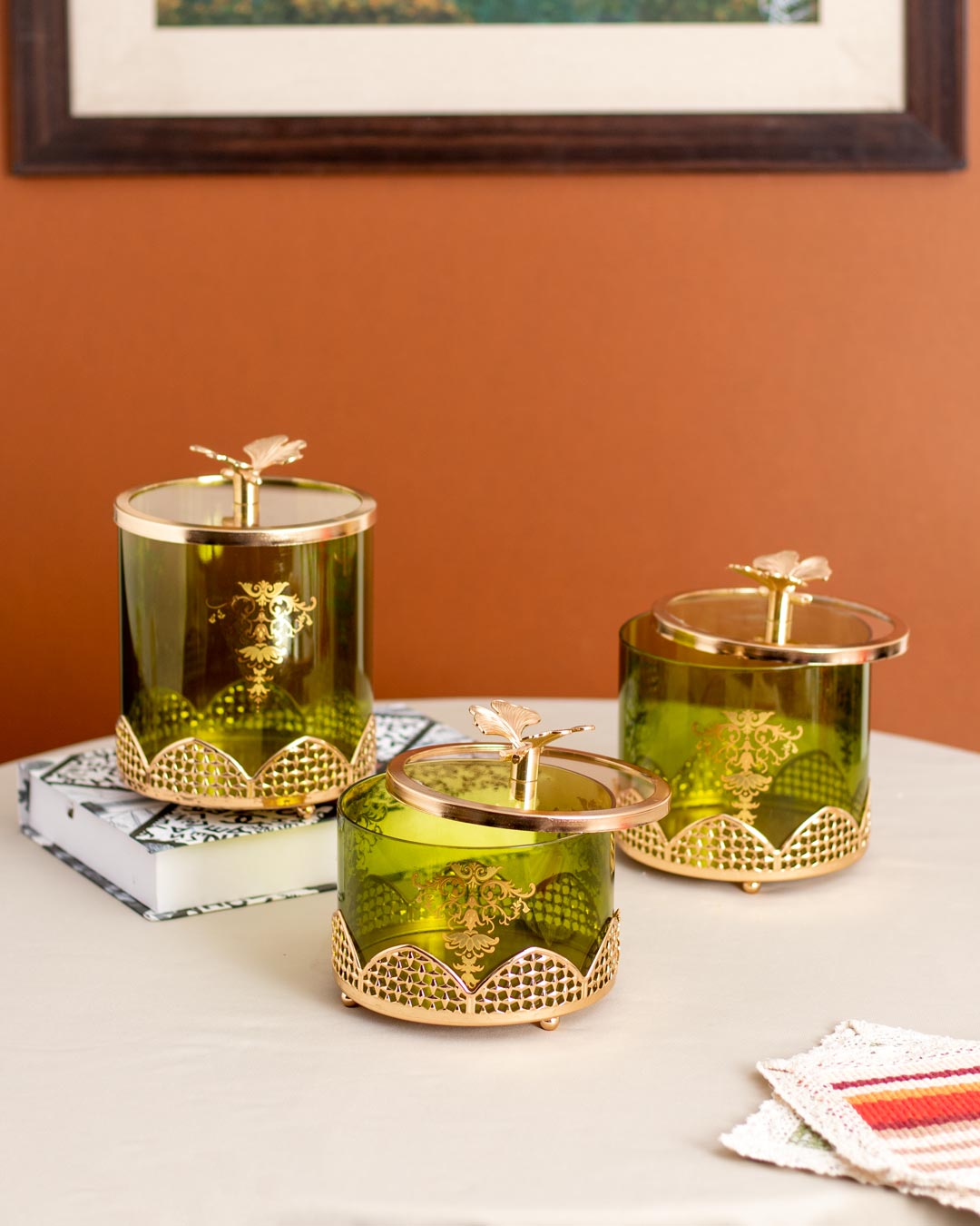 Olive Green Ginkgo Jar With Lid - Medium