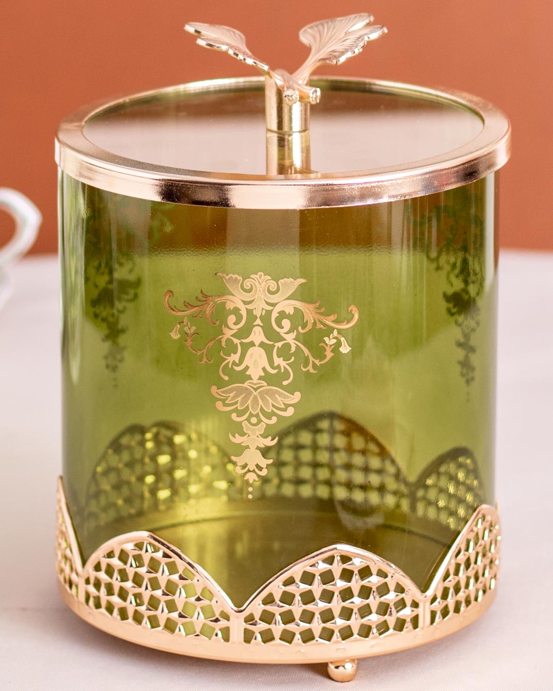 Olive Green Ginkgo Jar With Lid - Large - The Decor Kart