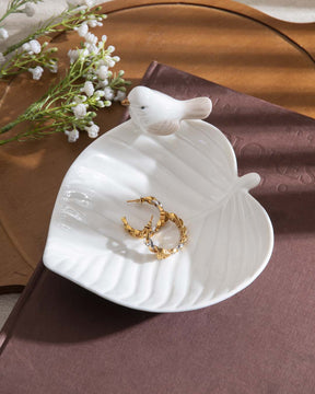 Bird on Leaf Ring Dish - White - The Decor Kart 