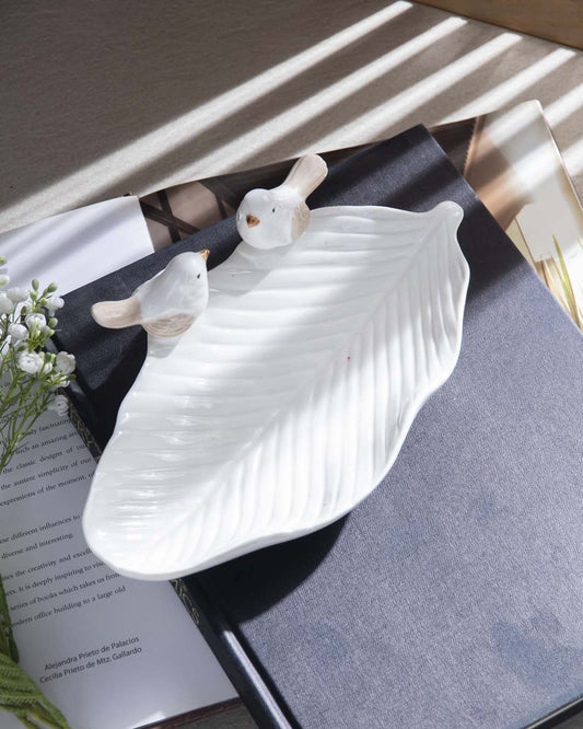 Bird on Leaf Ring Dish - White Large - The Decor Kart