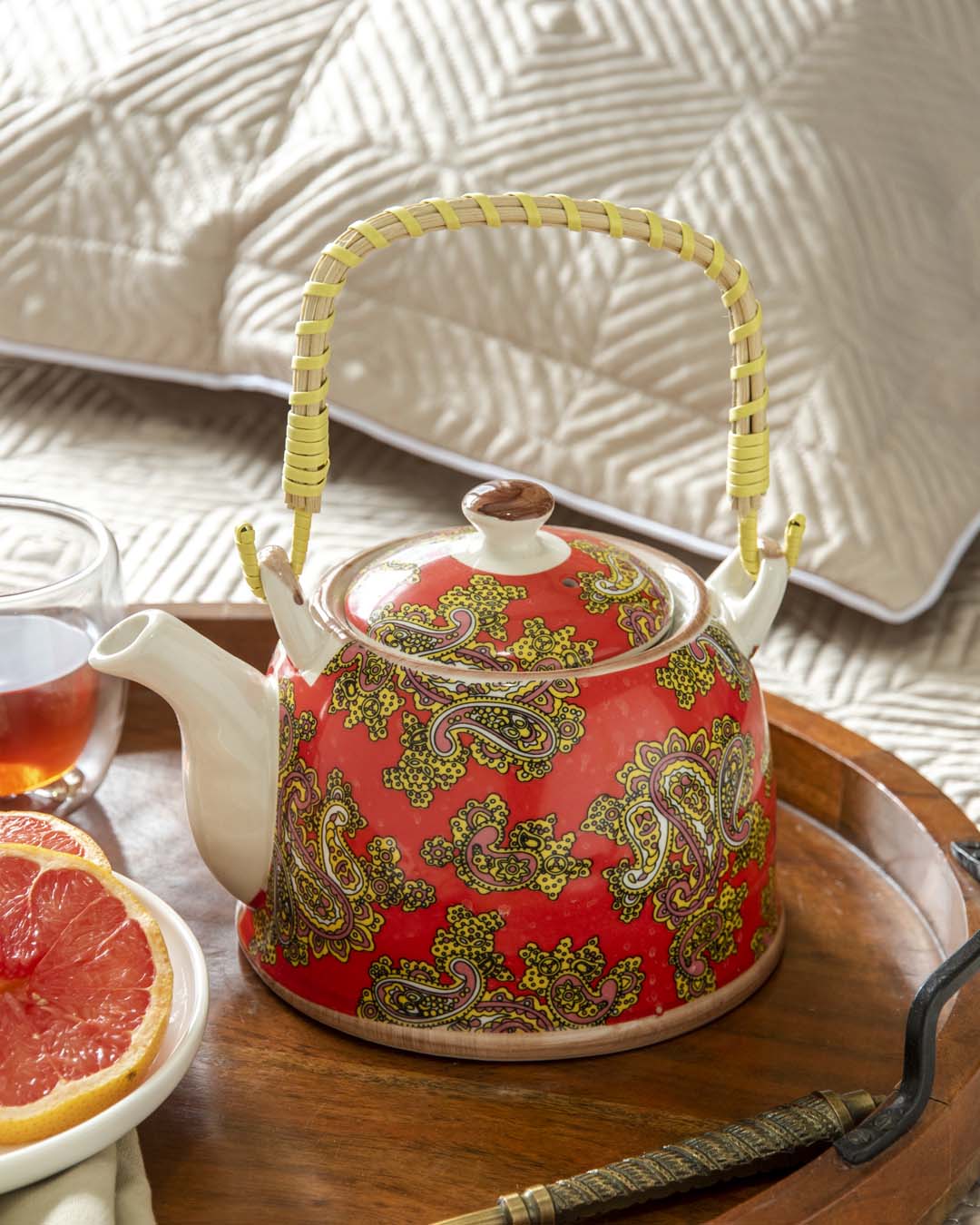 Paisley Ceramic Tea Kettle - Red - The Decor Kart 