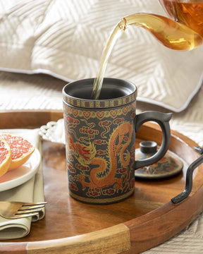 'Dragon' Stoneware Lidded Mug - Dark Brown - The Decor Kart 