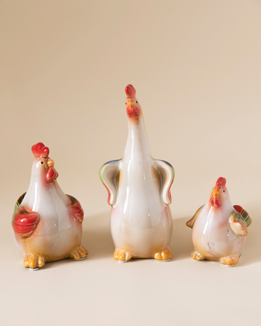 Whimsical Ceramic Rooster Figurines - Set Of 3 
