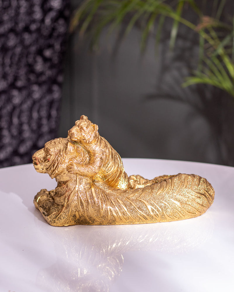 Mother Tiger & Baby Cub Statue - Gold