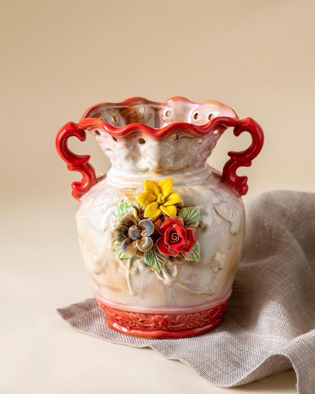 Vintage Floral Embossed Ceramic Vase 