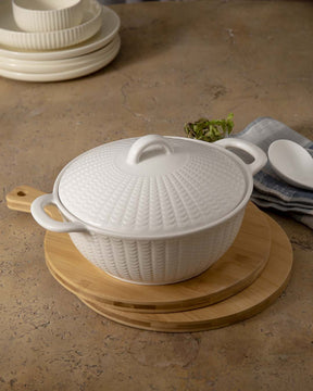 All White Embossed Serving Bowl with Lid - Small - The Decor Kart 