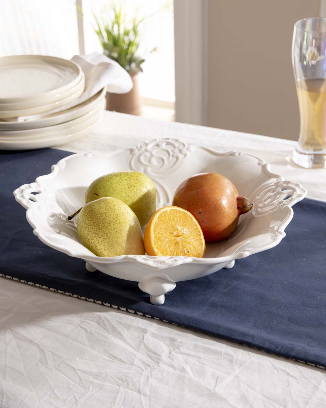 All White Embossed Footed Fruit Bowl