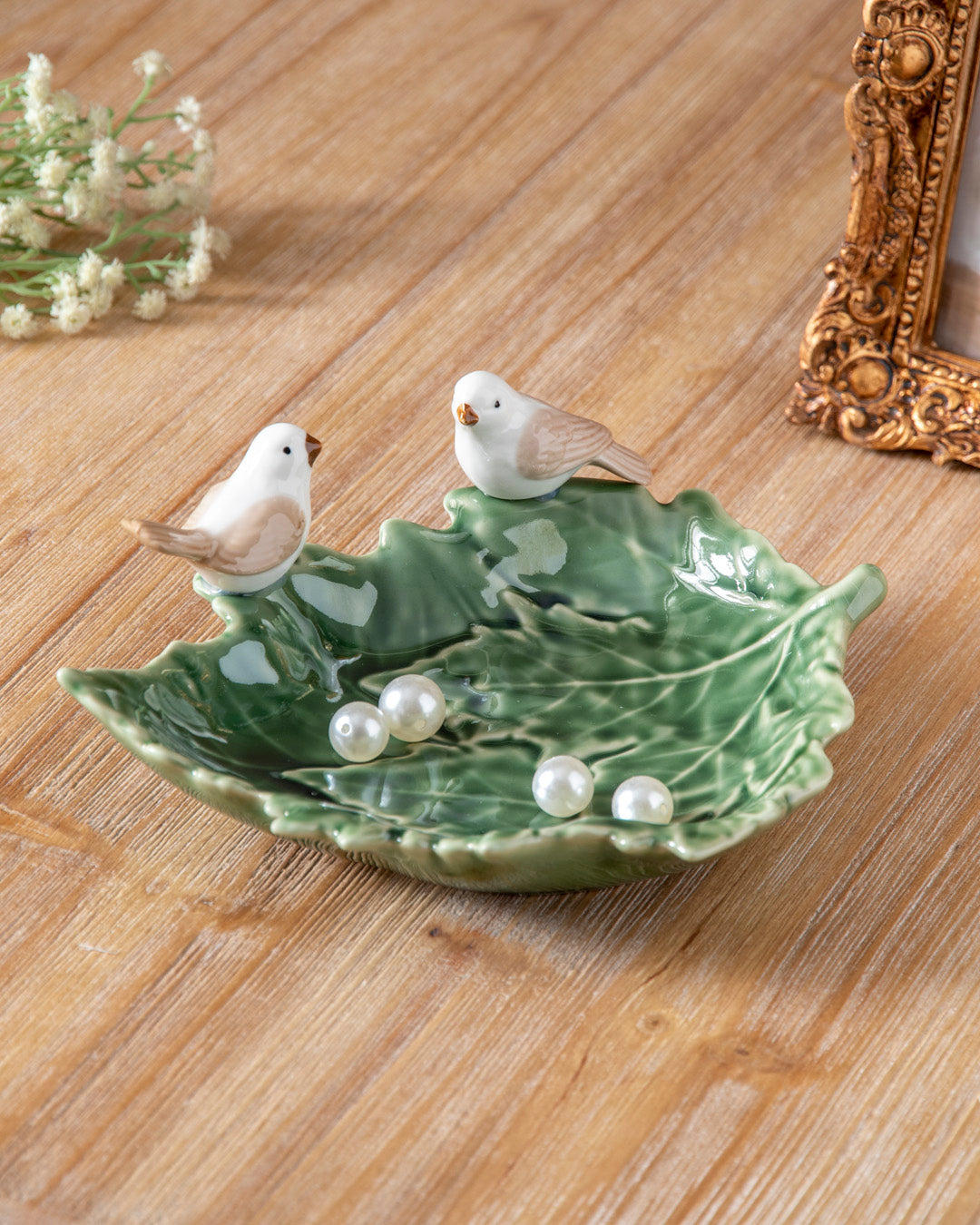 Bird on Maple Leaf Ring Dish - Green 