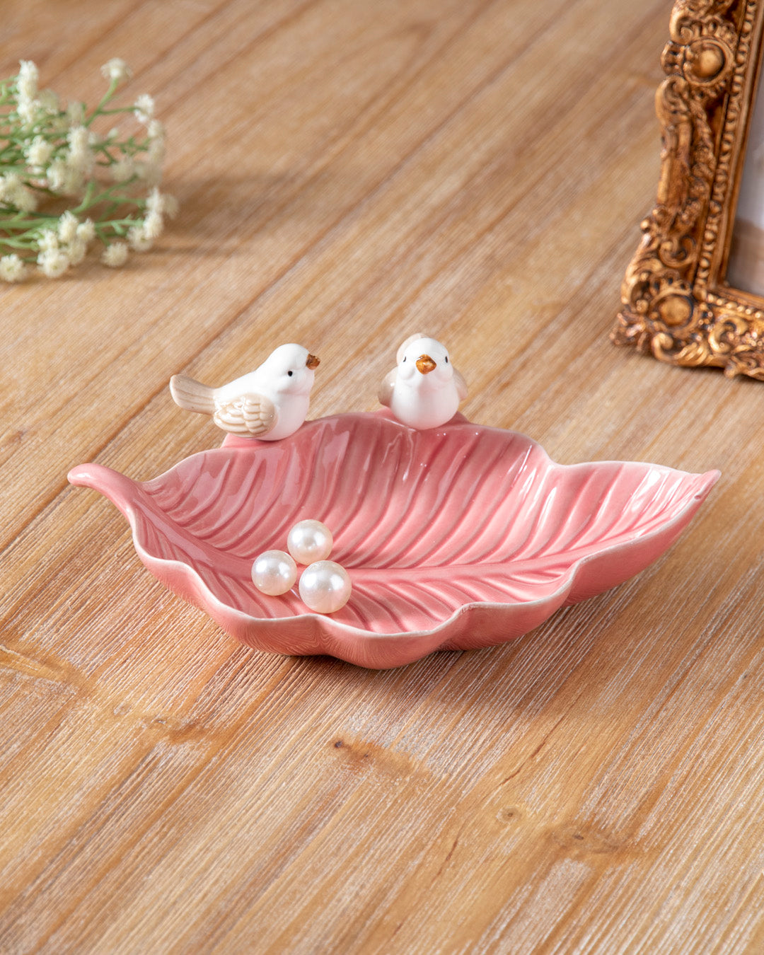 Whispering Birds Leaf Ring Dish - Pink 