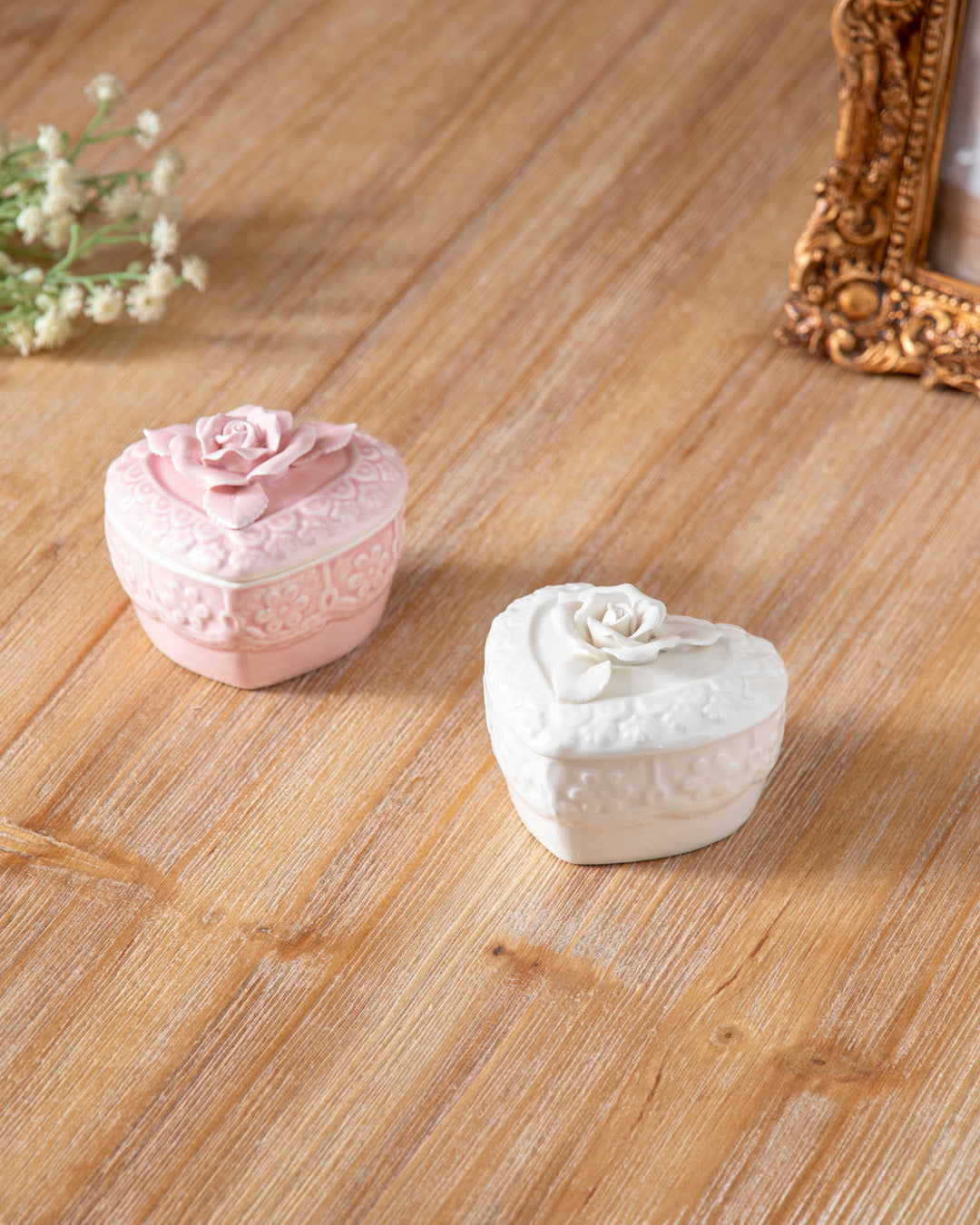 White Blossoming Heart Trinket Keeper - Set Of 2 