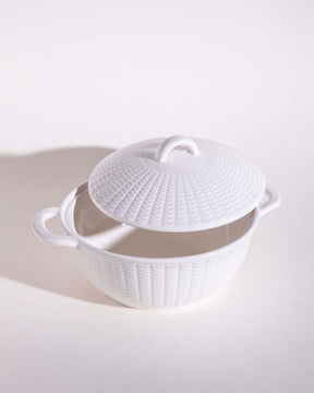 All White Embossed Serving Bowl with Lid - Small - The Decor Kart 