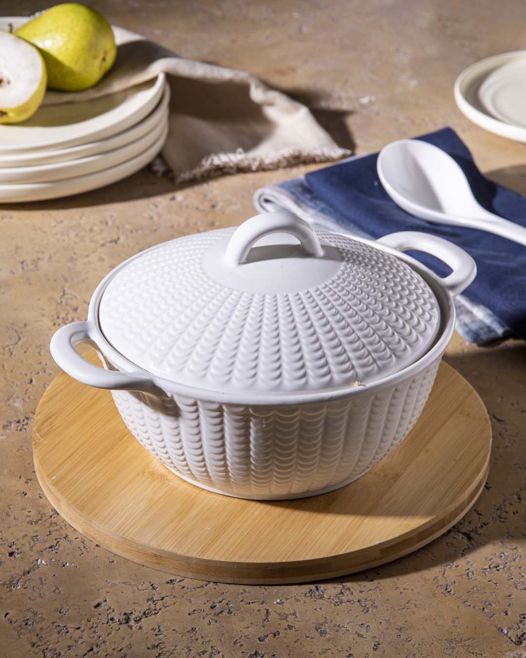 All White Embossed Serving Bowl with Lid - Small - The Decor Kart 