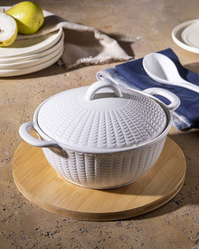 All White Embossed Serving Bowl with Lid - Small - The Decor Kart 