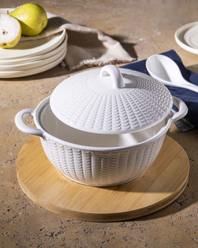 All White Embossed Serving Bowl with Lid - Small - The Decor Kart 